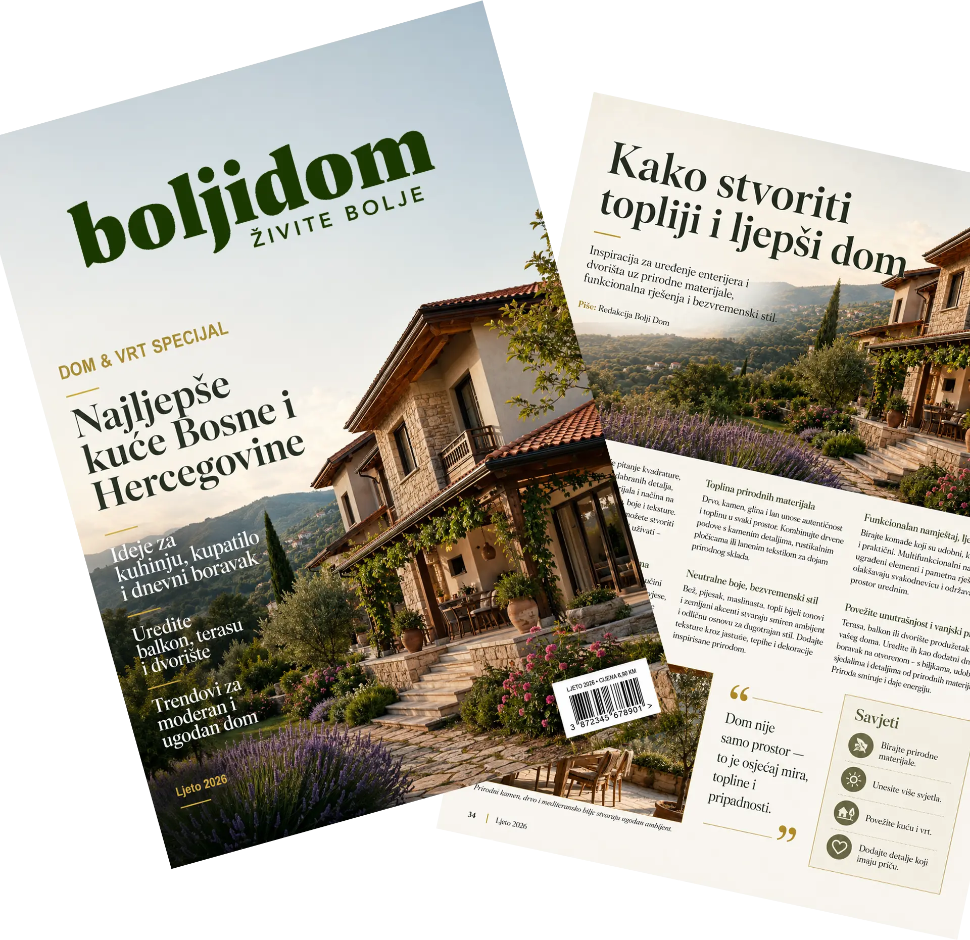 Štampano izdanje magazina BoljiDom — naslovnica 'Najljepše kuće Bosne i Hercegovine' i unutrašnja strana o uređenju doma